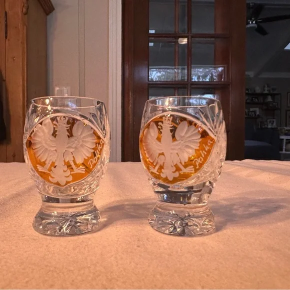 Set of Cut Crystal Shot Glasses From Poland w/National Emblem Polish Eagle - Picture 3 of 4